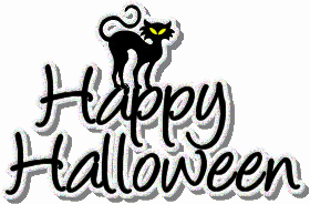 Brokatowy czarny kot stojący na napisie szczęśliwego Halloween